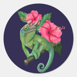 Pegatina Redonda Chameleon de Jackson con Hibiscus