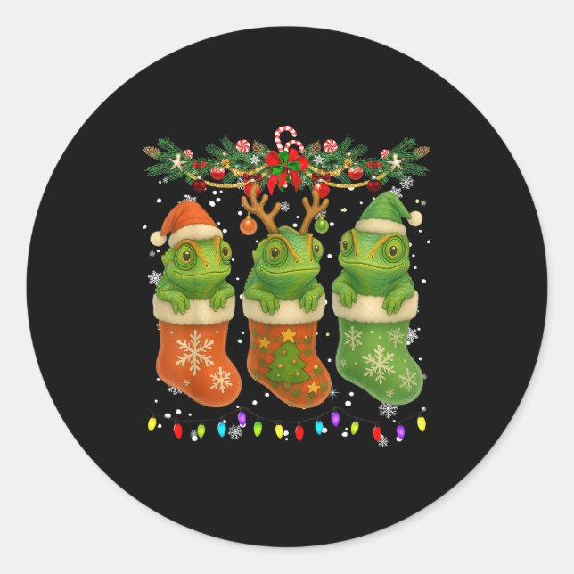 Pegatina Redonda Chameleon In Christmas Socks Lights Chameleon Xmas (Anverso)