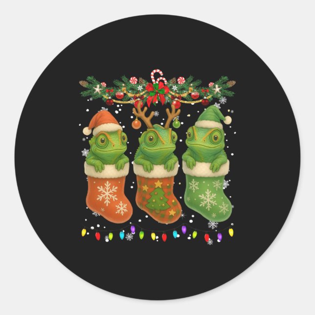 Pegatina Redonda Chameleon In Christmas Socks Lights Chameleon Xmas (Anverso)