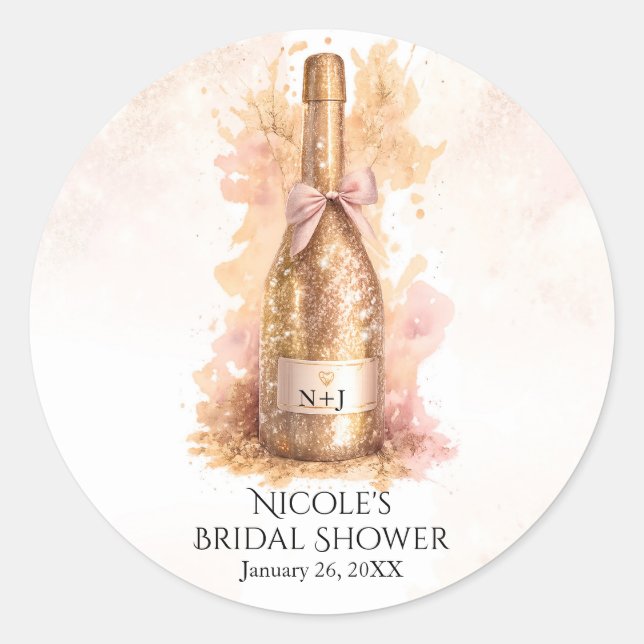 Pegatina Redonda Champagne Bubbly & Gold Glitter Bridal Shower (Anverso)