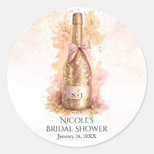 Pegatina Redonda Champagne Burbujas y Bridal Shower con Brillo Dora