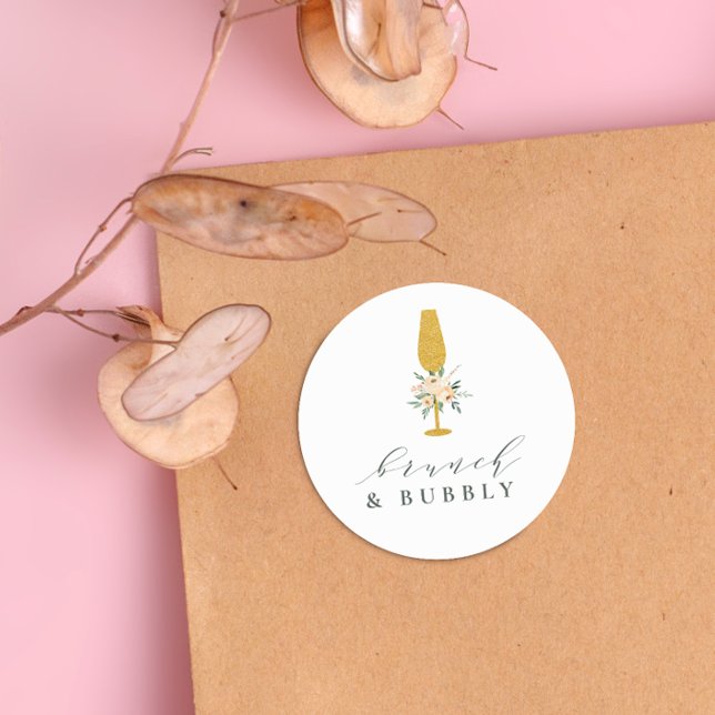 Pegatina Redonda Champagne Dorado Floral Desayuno Nupcial & Burbuje (Round Sticker Mock-up)