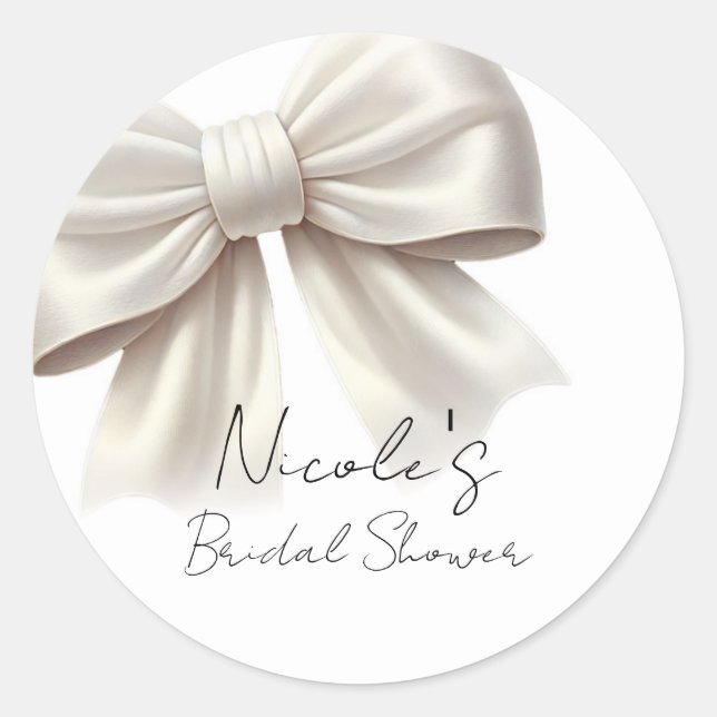 Pegatina Redonda Champagne Pearl Ivory White Bow Bridal Shower (Anverso)