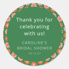 Pegatina Redonda Champagne y Flores Rosas Bridal Shower Agradecimie