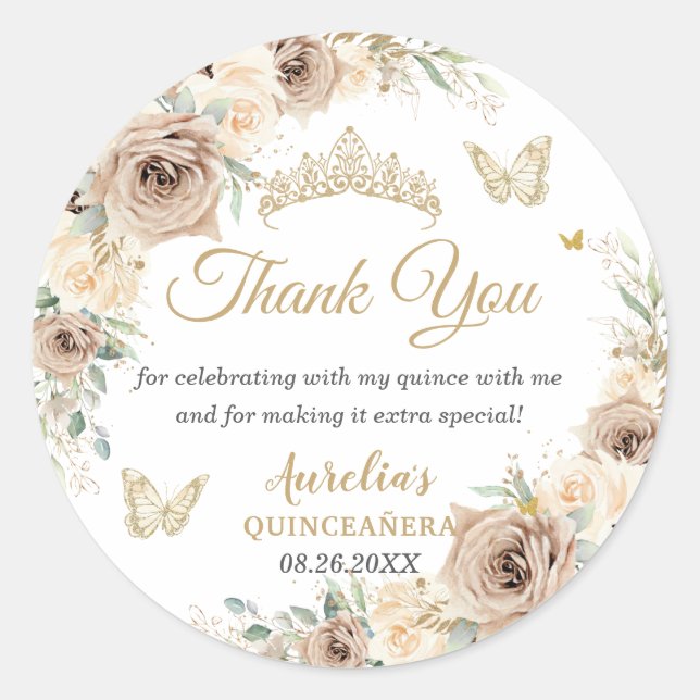 Pegatina Redonda Champán Crema Beige Floral Quinceañera Dulces 16 (Anverso)