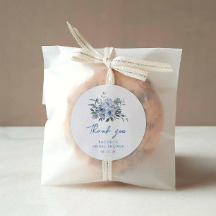 Pegatina Redonda Champán de boda floral azul polvoriento acuarela