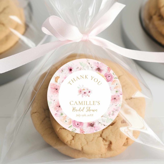 Pegatina Redonda Champán Floral Rosa Elegante para Despedida de Sol (Cute Watercolor Pink floral Bridal Shower Round sticker)