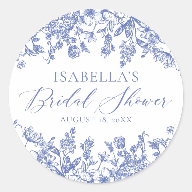 Pegatina Redonda Champán Nupcial Floral Acuarela Algo Azul (Anverso)