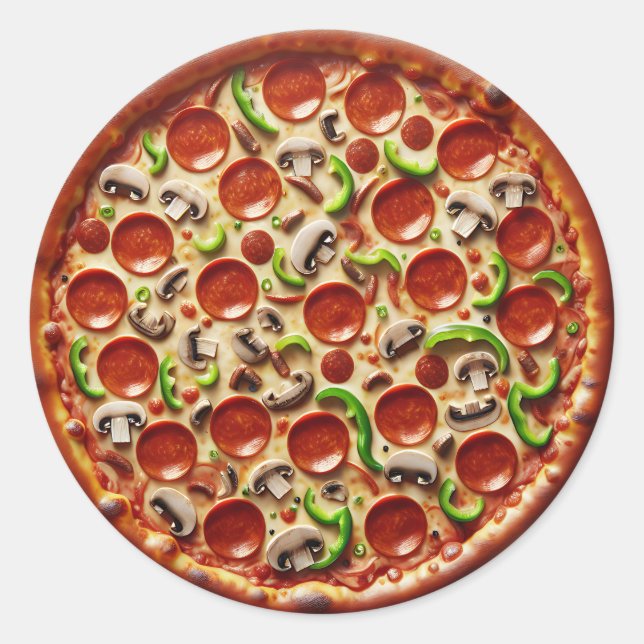 Pegatina Redonda champiñón, pimientos verdes y pizza Pepperoni (Anverso)