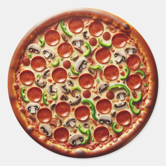 Pegatina Redonda champiñón, pimientos verdes y pizza Pepperoni (Anverso)