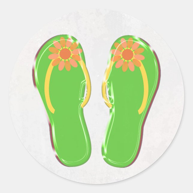 Pegatina Redonda chancletas verdes de neón con flor (Anverso)