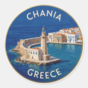 Pegatina Redonda Chania Grecia Faro del Puerto Veneciano Viajes