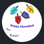 Pegatina Redonda Chanukah Dreidels<br><div class="desc">¡Un regalo feliz de Chanukah con 4 dreidels con letras hebreas que representan un gran milagro ocurrió ahí!</div>
