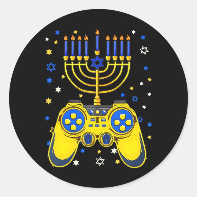 Pegatina Redonda Chanukah Jewish Menorah Gamer Divertido juego (Anverso)
