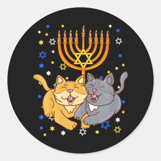 Pegatina Redonda Chanukah Jewish Menorah Kitten Funny Cat Hanukkah (Anverso)