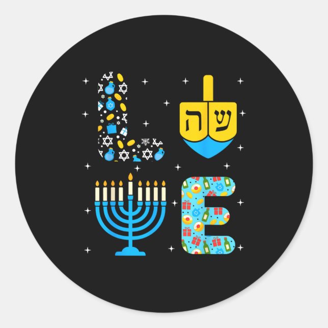 Pegatina Redonda Chanukah Menorah Dreidel Icons Hanukkah Love Celeb (Anverso)