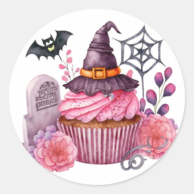 Pegatina Redonda Chapeau de sorcière, gateau, fleurs Halloween (Anverso)