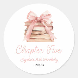 Pegatina Redonda Chapter Five Pink Bow Books 5th Birthday Party