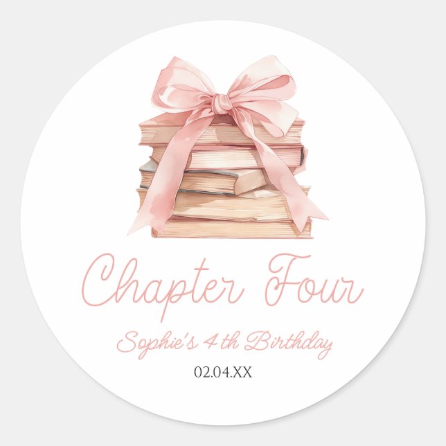Pegatina Redonda Chapter Four Pink Bow Books 4th Birthday Party (Anverso)