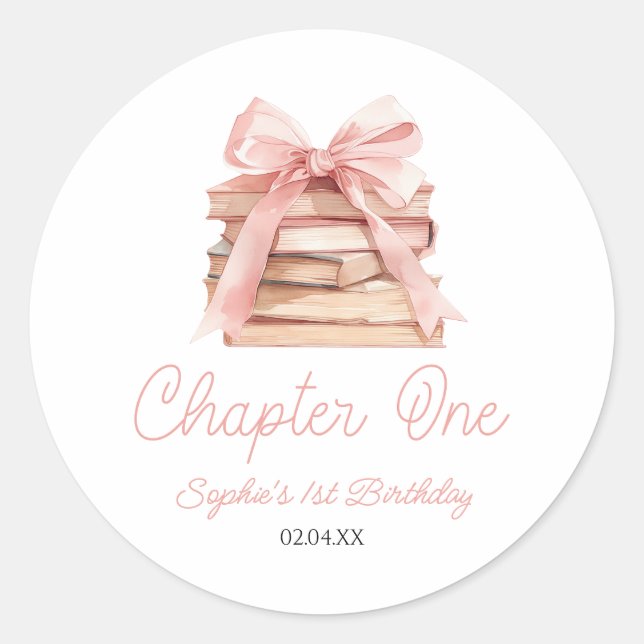 Pegatina Redonda Chapter One Pink Bow Books 1st Birthday Party (Anverso)