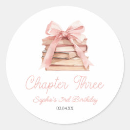 Pegatina Redonda Chapter Three Pink Bow Books 3rd Birthday Party