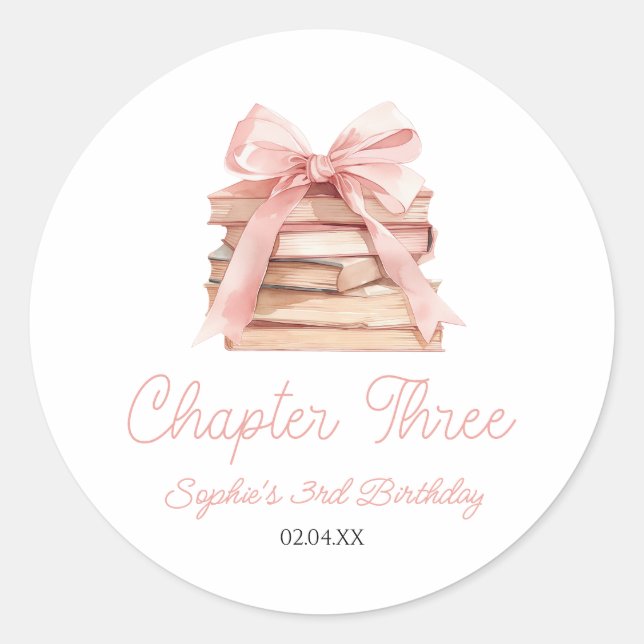 Pegatina Redonda Chapter Three Pink Bow Books 3rd Birthday Party (Anverso)