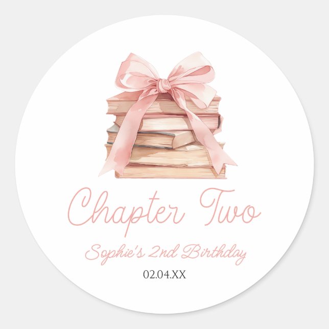 Pegatina Redonda Chapter Two Pink Bow Books 2nd Birthday Party (Anverso)