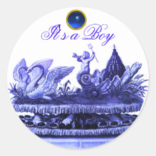 PEGATINA REDONDA CHARIOTA AZUL DE SWANS /CUPCAKES CHICO BABY SHOWER
