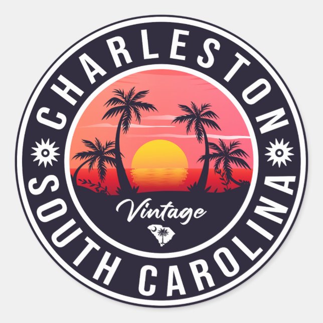 Pegatina Redonda Charleston South Carolina - Souvenirs Retro Sunset (Anverso)