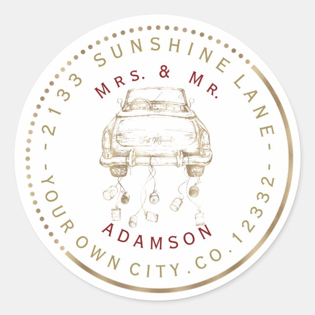 Pegatina Redonda Charm Gold Car Just Married Circular Address Label (Anverso)