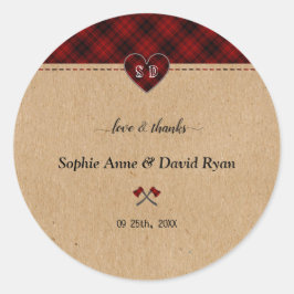 Pegatina Redonda Charm Rustic Red Buffalo Plaid Monograma Boda
