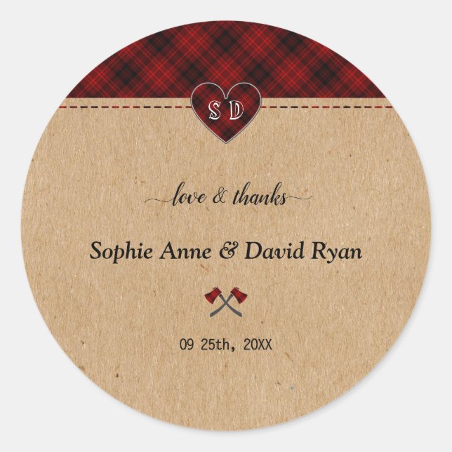 Pegatina Redonda Charm Rustic Red Buffalo Plaid Monograma Boda (Anverso)