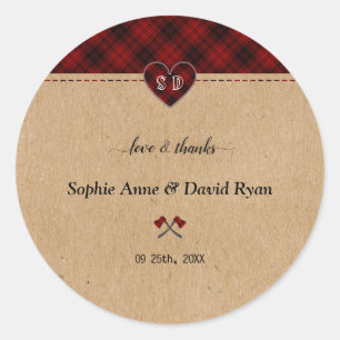 Pegatina Redonda Charm Rustic Red Buffalo Plaid Monograma Boda