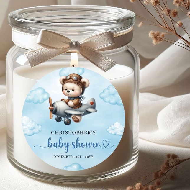 Pegatina Redonda Charming Boy Baby Shower Sticker Teddy Bear Pilot  (Charming Boy Baby Shower Sticker Teddy Bear Pilot Blue Brown

)