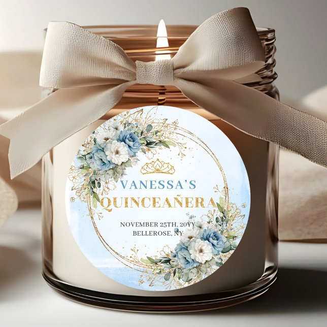 Pegatina Redonda Charming Dusty Blue Gold Greenery Quinceañera  (Must Have Quinceañera Sticker Blue and Gold)