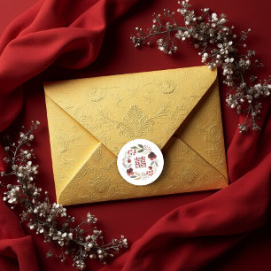 Pegatina Redonda Charming Elegant Floral Chinese Double Happiness 