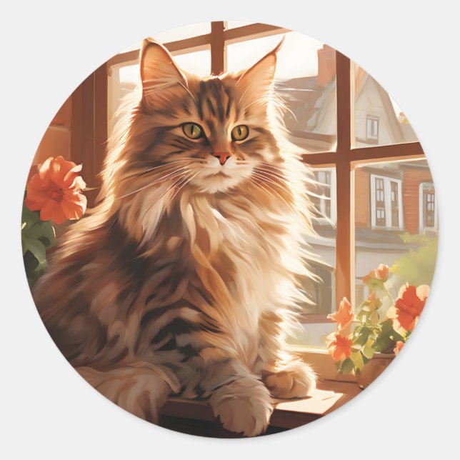 Pegatina Redonda Charming Maine Coon Cat (Anverso)