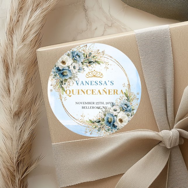 Pegatina Redonda Charming Pastel Blue Gold Eucalyptus Quinceañera  (Charming Pastel Blue Gold Eucalyptus Quinceañera Sticker

)