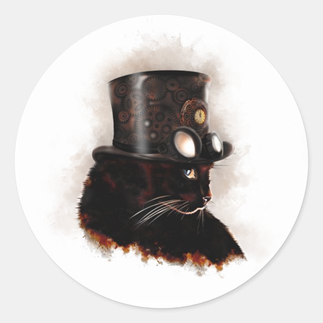 Pegatina Redonda Chat steampunk (Anverso)