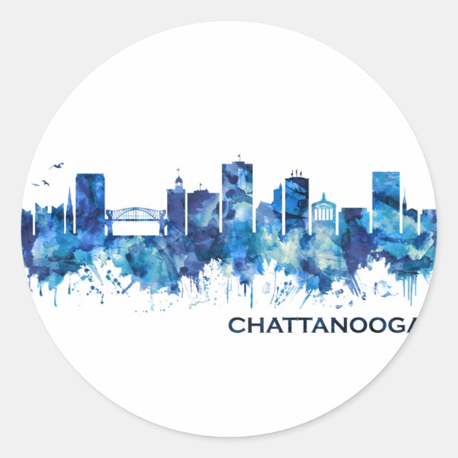 Pegatina Redonda Chattanooga Tennessee Skyline Blue (Anverso)