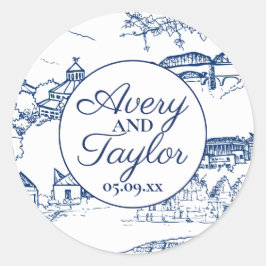 Pegatina Redonda Chattanooga Toile Azul Marino y Blanco para Desped