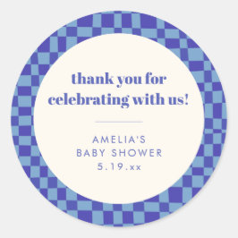 Pegatina Redonda Checkerboard Blue Custom Baby Shower Thank You