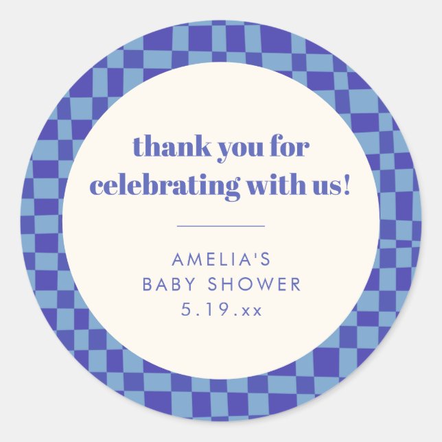 Pegatina Redonda Checkerboard Blue Custom Baby Shower Thank You (Anverso)