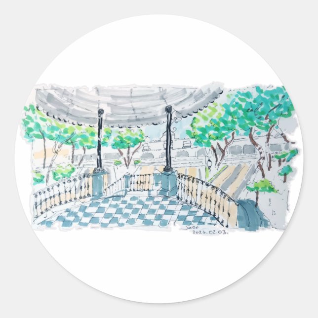 Pegatina Redonda Checkerboard Kiosk Park View (Anverso)
