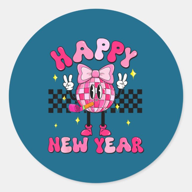 Pegatina Redonda Checkered Happy New Year 2026 Disco Ball New Year  (Anverso)