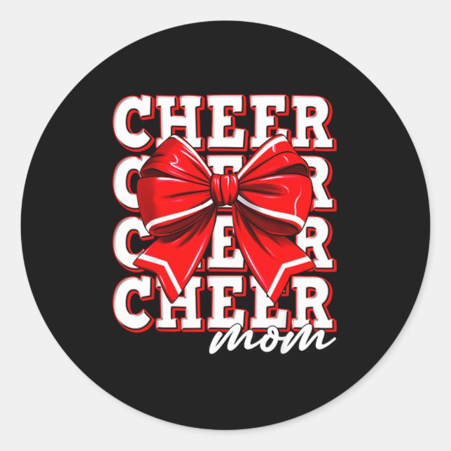 Pegatina Redonda Cheer Mom Cheerleader Bow Biggest Fan Red Team  (Anverso)