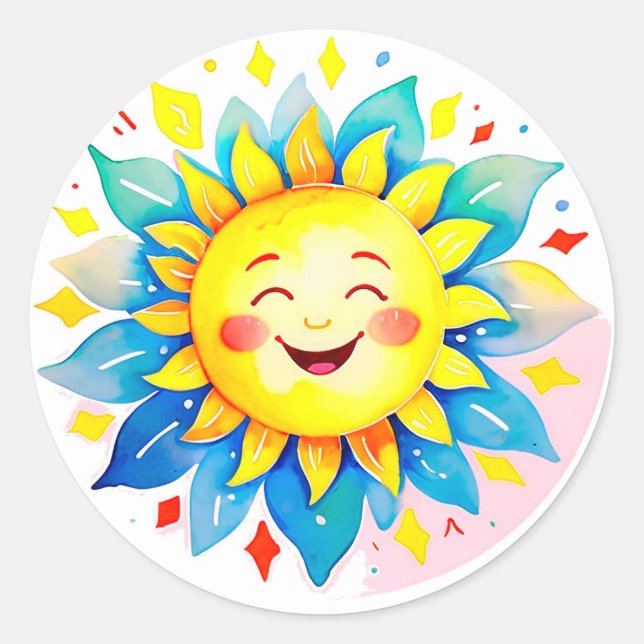 Pegatina Redonda Cheerful Sun Cartoon With Smiling Face (Anverso)