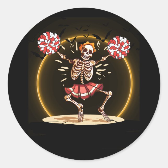 Pegatina Redonda Cheerled Skeleton Halloween Cheeleton Che (Anverso)