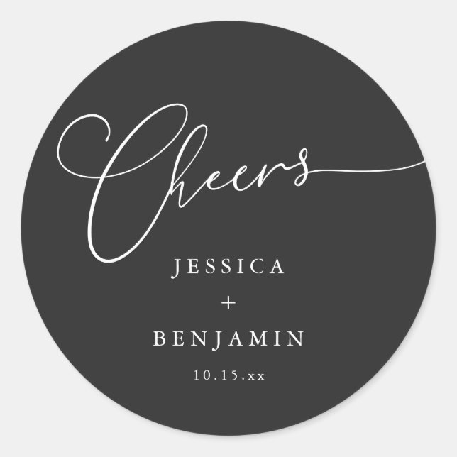 Pegatina Redonda Cheers Minimal Black Script Elegant Wedding Favor (Anverso)