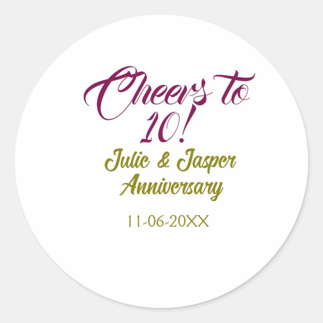Pegatina Redonda Cheers to 10th wedding anniversary mauve golden na (Anverso)